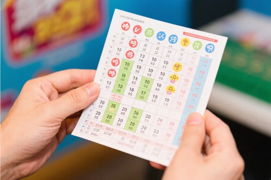 一只手拿着整理好的彩票统计表，表格上用图标突出冷热号码，画面明亮且富有数据感