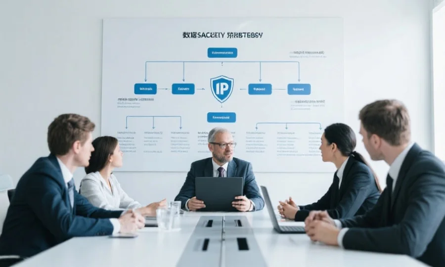会议室内，管理团队正在讨论数据安全策略，墙上展示着信息保护流程图，气氛专业严谨